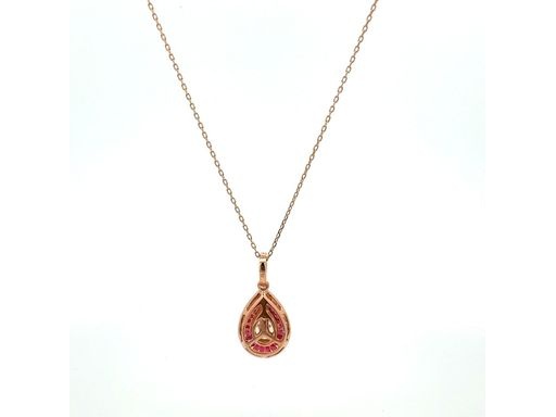 18K Rose Gold Pendant with Natural Marquise and Princess-Cut Diamonds, Red Ruby Halo, and Outer Round Diamond Halo (with Chain)