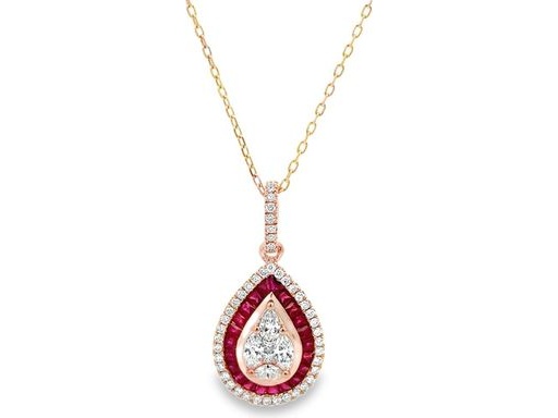 18K Rose Gold Pendant with Natural Marquise and Princess-Cut Diamonds, Red Ruby Halo, and Outer Round Diamond Halo (with Chain)