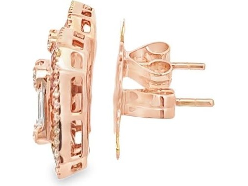 18K Rose Gold Earrings with Natural Baguette and Round Diamonds, Multi-Color Gemstone Halo, and Outer Diamond Frame