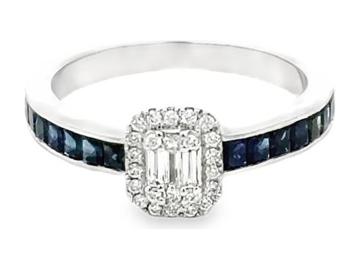 18K White Gold Ring with Natural Baguette and Round Diamonds, Blue Sapphire Band Accents