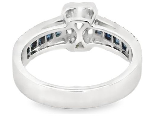 18K White Gold Ring with Natural Baguette and Round Diamonds and Blue Sapphire Channel Band