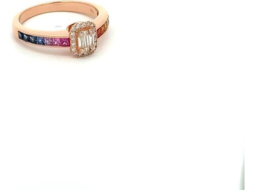 18K Rose Gold Ring with Natural Baguette and Round Diamonds, Multi-Color Sapphire Band Accents