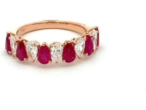 18K Rose Gold Ring with Alternating Natural Pear-Shaped Diamonds and Rubie