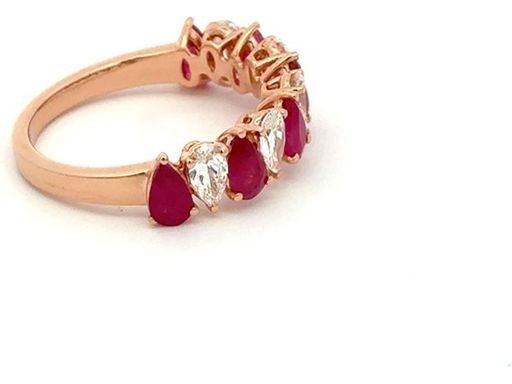 18K Rose Gold Ring with Alternating Natural Pear-Shaped Diamonds and Rubie