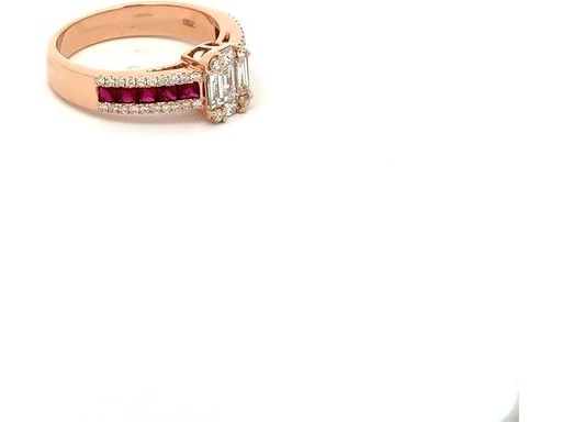 18K Rose Gold Ring with Natural Baguette and Round Diamonds and Ruby Channel Band