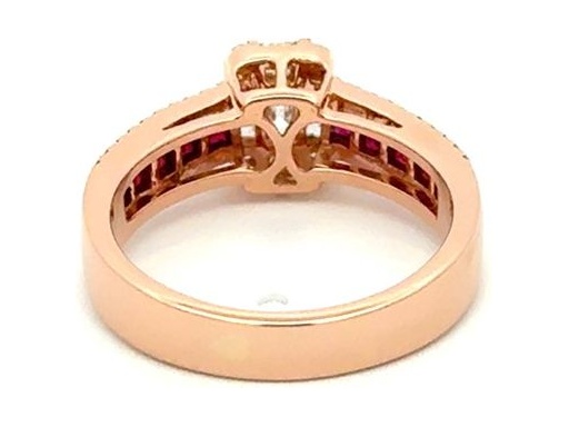 18K Rose Gold Ring with Natural Baguette and Round Diamonds and Ruby Channel Band