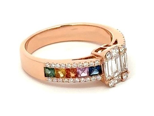 18K Rose Gold Ring with Natural Baguette and Round Diamonds and Multi-Color Gemstone Channel Band