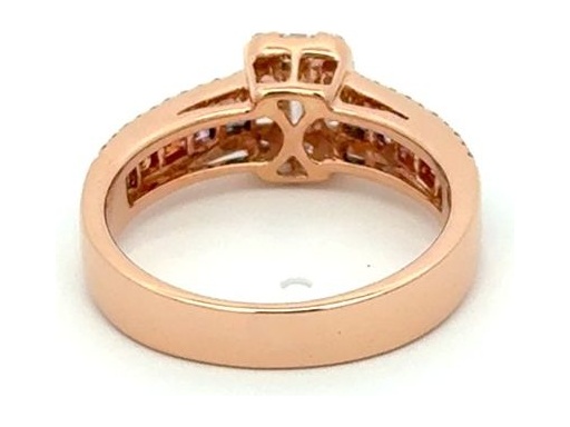 18K Rose Gold Ring with Natural Baguette and Round Diamonds and Multi-Color Gemstone Channel Band