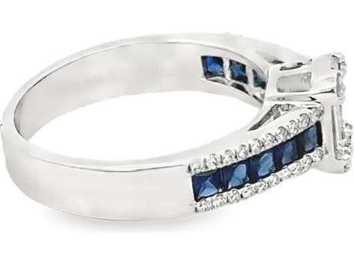 18K White Gold Ring with Natural Baguette and Round Diamonds and Blue Sapphire Channel Band