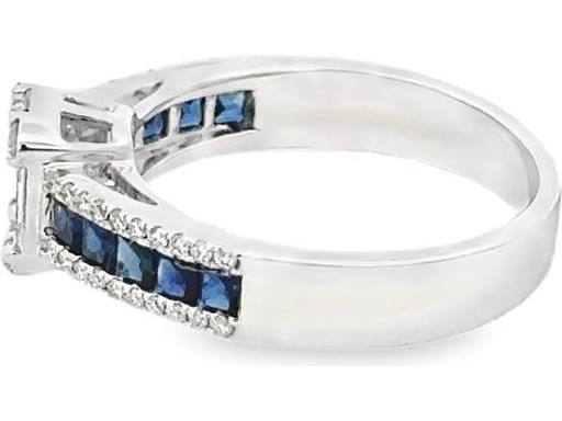 18K White Gold Ring with Natural Baguette and Round Diamonds and Blue Sapphire Channel Band