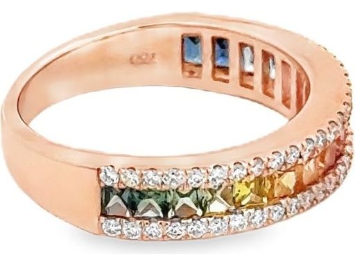 18K Rose Gold Ring with Natural Round Diamonds and Multicolor Gemstone Channel Band