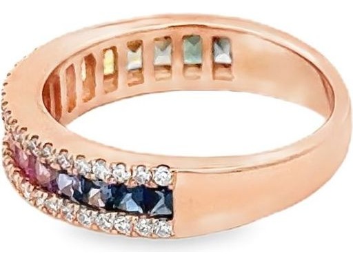 18K Rose Gold Ring with Natural Round Diamonds and Multicolor Gemstone Channel Band