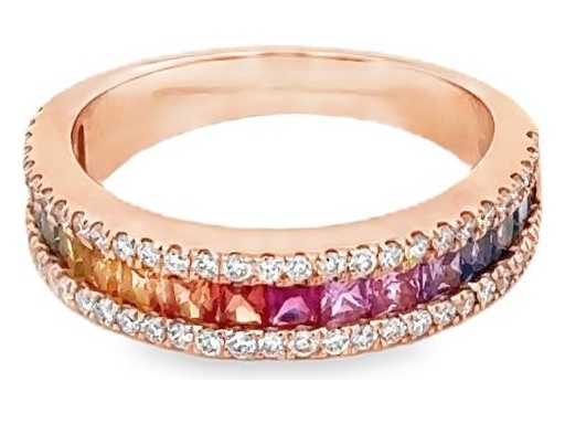 18K Rose Gold Ring with Natural Round Diamonds and Multicolor Gemstone Channel Band