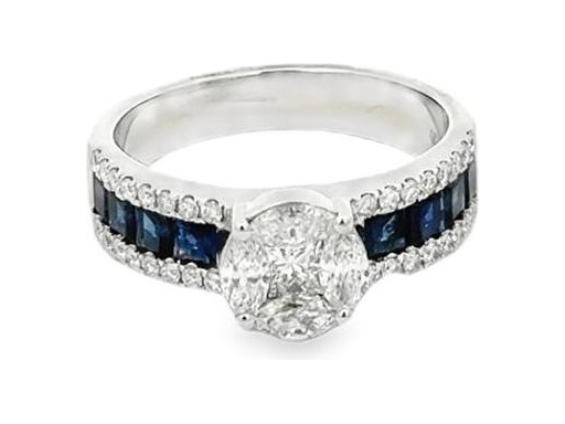 18K white gold natural marquise and princess-cut diamonds with princess-cut blue sapphires and accent diamonds engagement ring