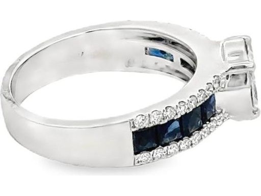 18K white gold natural marquise and princess-cut diamonds with princess-cut blue sapphires and accent diamonds engagement ring