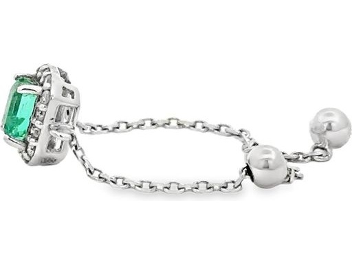 18K White Gold Adjustable Halo Chain Ring with Natural Diamonds and Emerald