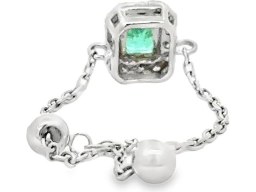 18K White Gold Adjustable Halo Chain Ring with Natural Diamonds and Emerald