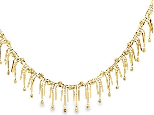 18K Yellow Gold Necklace with Long Textured Fringe and Tube Beads