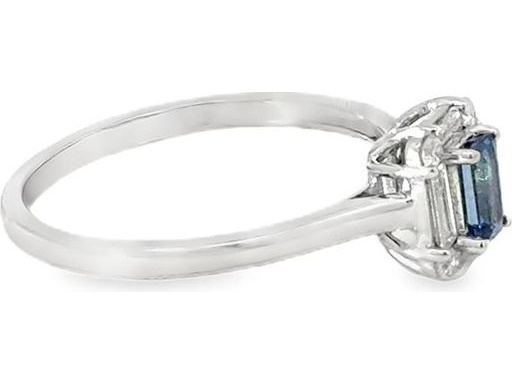 18K Whith Gold Ring with Blue Sapphire and Natural Baguette and Round-Cut Diamonds