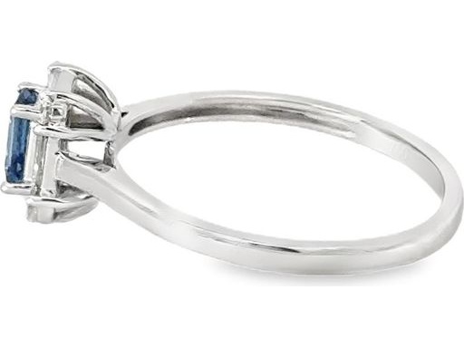 18K Whith Gold Ring with Blue Sapphire and Natural Baguette and Round-Cut Diamonds