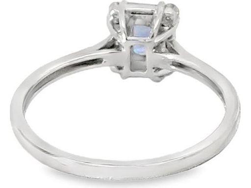 18K Whith Gold Ring with Blue Sapphire and Natural Baguette and Round-Cut Diamonds