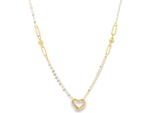 18K Yellow Gold Necklace with Open Heart Pendant and Oval Link Accents