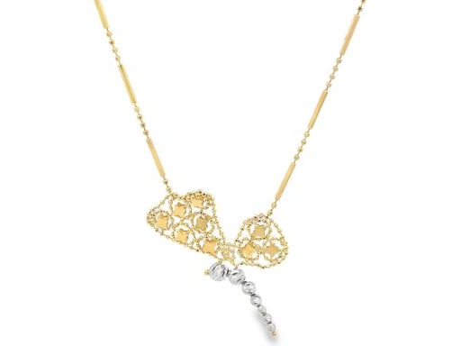 18K Yellow Gold Necklace with Butterfly Motif and Beaded Tail