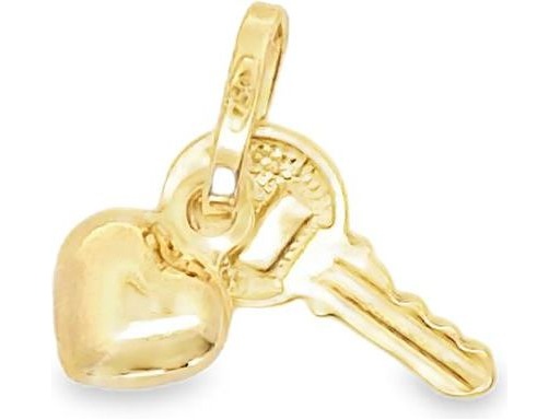 18K Yellow Gold Key and Heart Charm Pendant