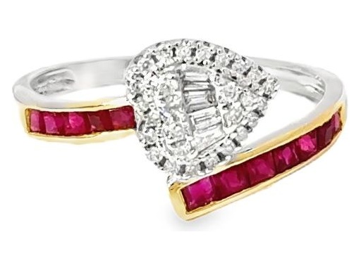 18K White Gold Heart Design Ring with Natural Diamonds and Rubies