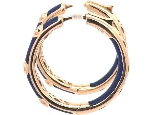 18K Yellow Gold Hoop Earrings with Blue Enamel and Natural Diamonds