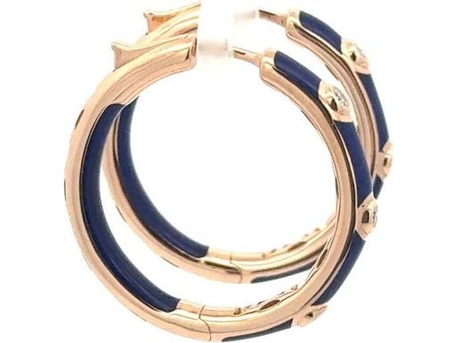 18K Yellow Gold Hoop Earrings with Blue Enamel and Natural Diamonds