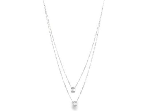 18K White Gold Double-Layer Necklace with Natural Baguette and Round Diamonds in Emerald-Style Setting