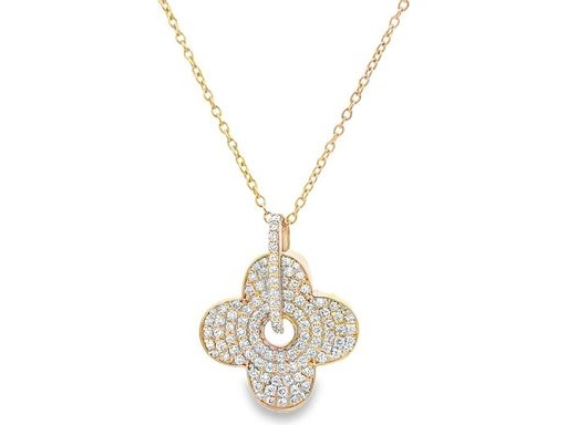 18K Rose Gold Long Necklace with Pavé Natural Round Diamonds in Floral Pendant