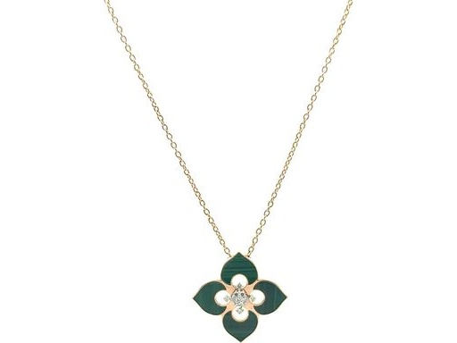 18K Rose Gold Necklace with Malachite and Natural Round Diamonds in Floral Design