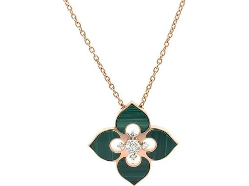 18K Rose Gold Necklace with Malachite and Natural Round Diamonds in Floral Design
