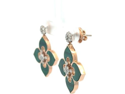 18K Rose Gold Earrings with Malachite and Natural Round Diamonds in Floral Design