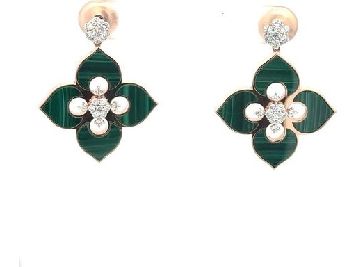 18K Rose Gold Earrings with Malachite and Natural Round Diamonds in Floral Design