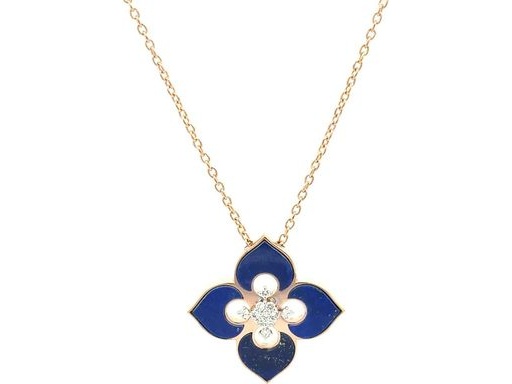 18K Rose Gold Necklace with Lapis lazuli and Natural Round Diamonds in Floral Design