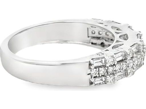 18K White Gold Double-Row Band Ring with Natural Round and Baguette Diamonds