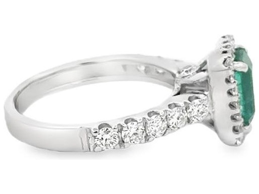 18K White Gold Halo Ring with Emerald-Cut Natural Emerald and Natural Round Diamonds
