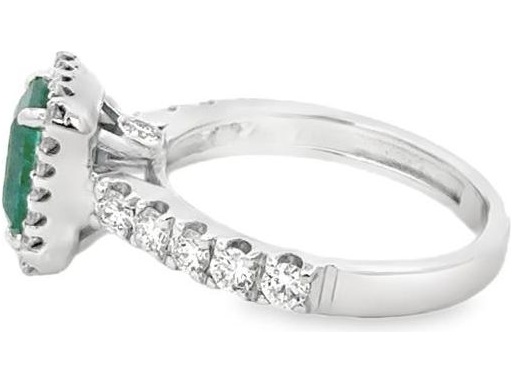 18K White Gold Halo Ring with Emerald-Cut Natural Emerald and Natural Round Diamonds