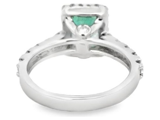 18K White Gold Halo Ring with Emerald-Cut Natural Emerald and Natural Round Diamonds