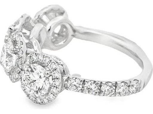 18K White Gold Four-Stone Halo Ring with Natural Round Diamonds and Diamond-Paved Band