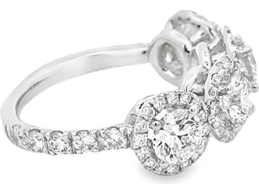 18K White Gold Four-Stone Halo Ring with Natural Round Diamonds and Diamond-Paved Band