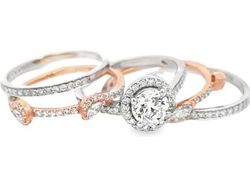 Set of 5 Stackable 18K White and Rose Gold Rings Featuring a Solitaire Ring with Natural Center Diamond, Plus Round and Marquise Diamonds – Wearable Separately or as One
