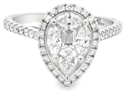 18K White Gold Pear-Shaped Ring with Natural Marquise, Pear, Baguette, and Round Diamonds in Halo Design
