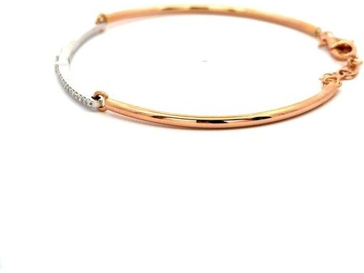 18K White and Rose Gold Bangle Bracelet with a Natural Baguette Diamond Center and Round Diamonds on Both Sides