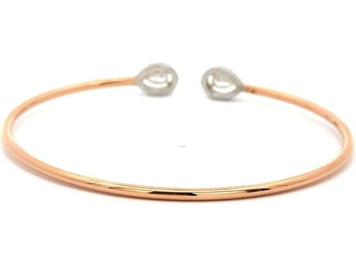 18K Rose and White Gold Open Bangle Bracelet with Natural Pear-Shaped Diamonds Surrounded by Round Diamonds