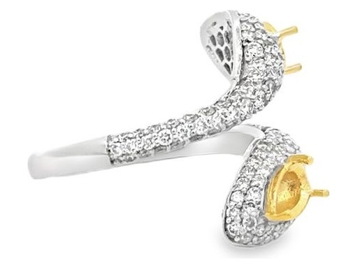 18K Two-Tone Gold Open Ring with Natural Round Diamonds and Customizable Twin Pear-Shaped Settings