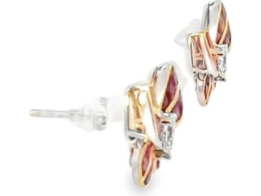 18K Yellow Gold Butterfly Stud Earrings with Natural Rubies and Pear-Shaped Diamonds